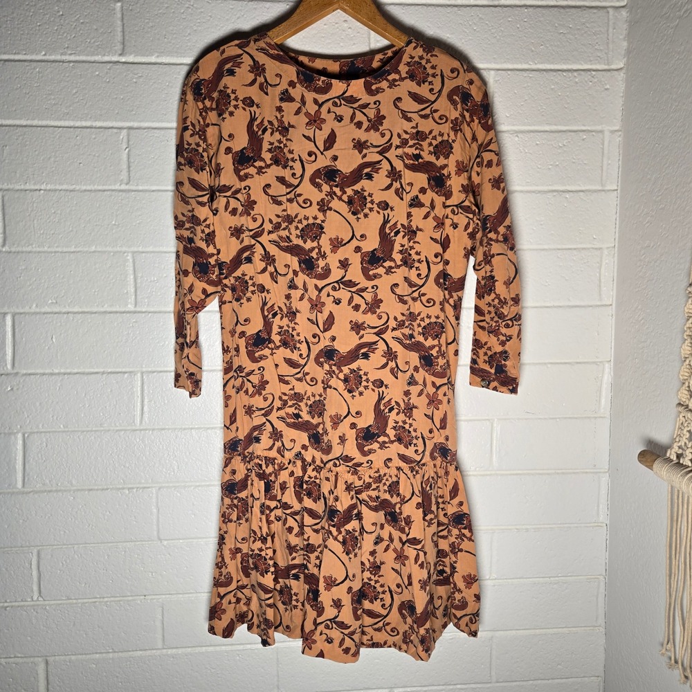 Outback Red 100% Rayon Dress Small Oversize Floral Bird Print Drop Waist Boho